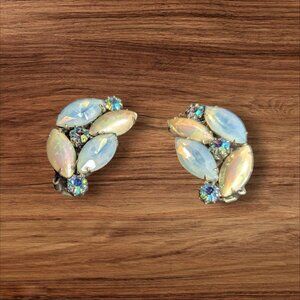 Vintage Aurora Borealis Rhinestone Clip-On Earrings With Opalescent Marquise Sto